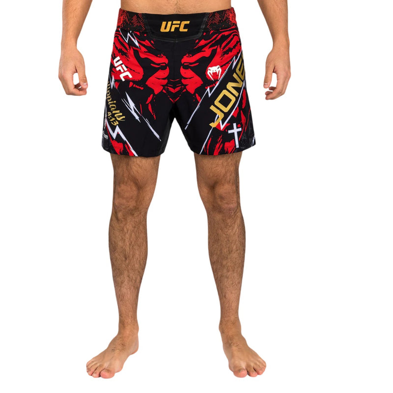 UFC UNRIVALED BY VENUM JON JONES MENS SHORT FIT FIGHT SHORT RED FRONT SIDE
