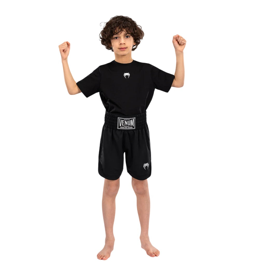 VENUM CLASSIC KIDS BOXING SHORTS BLACK FRONT SIDE