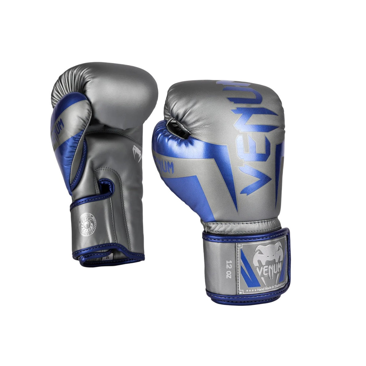 VENUM ELITE BOXING GLOVES GREY BLUE SILVER FRONT SIDE