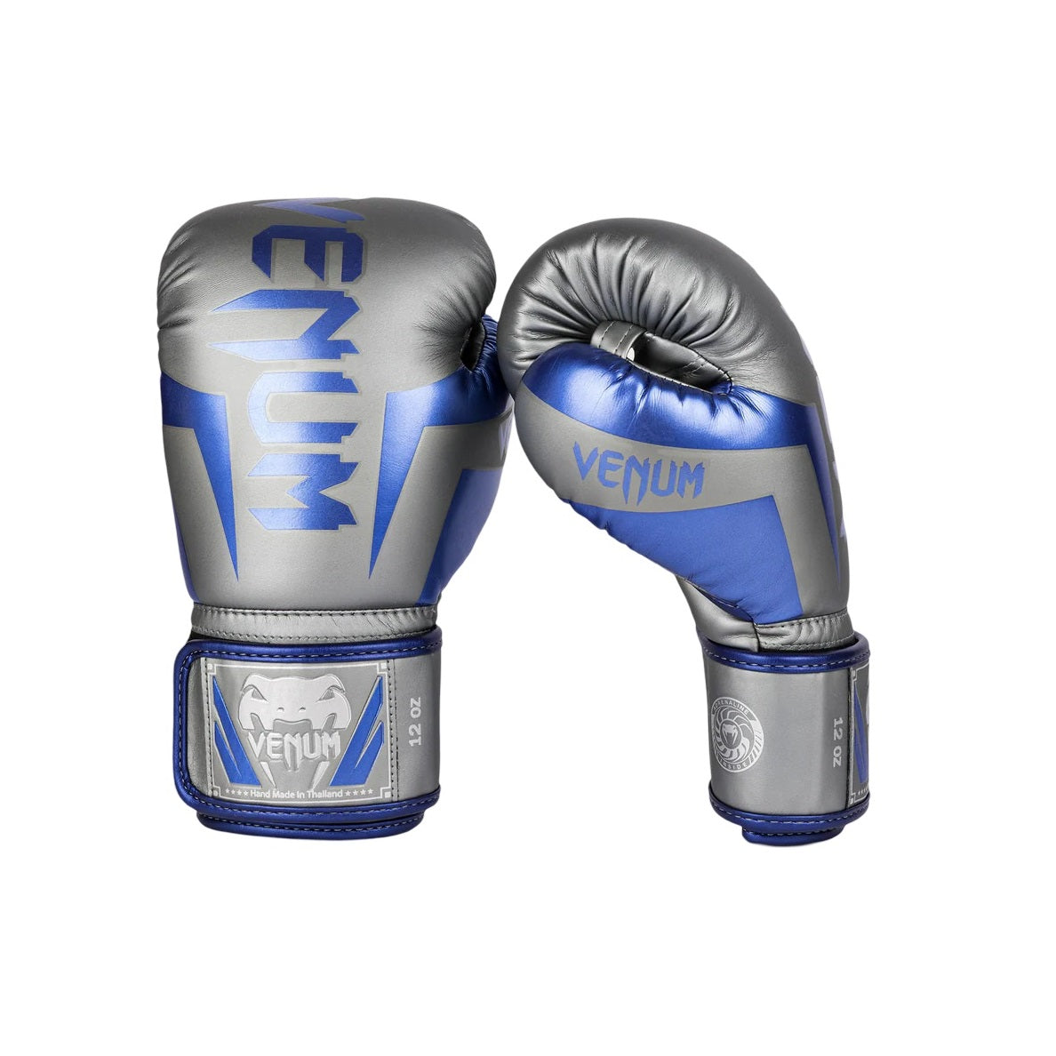 VENUM ELITE BOXING GLOVES GREY BLUE SILVER LEFT SIDE