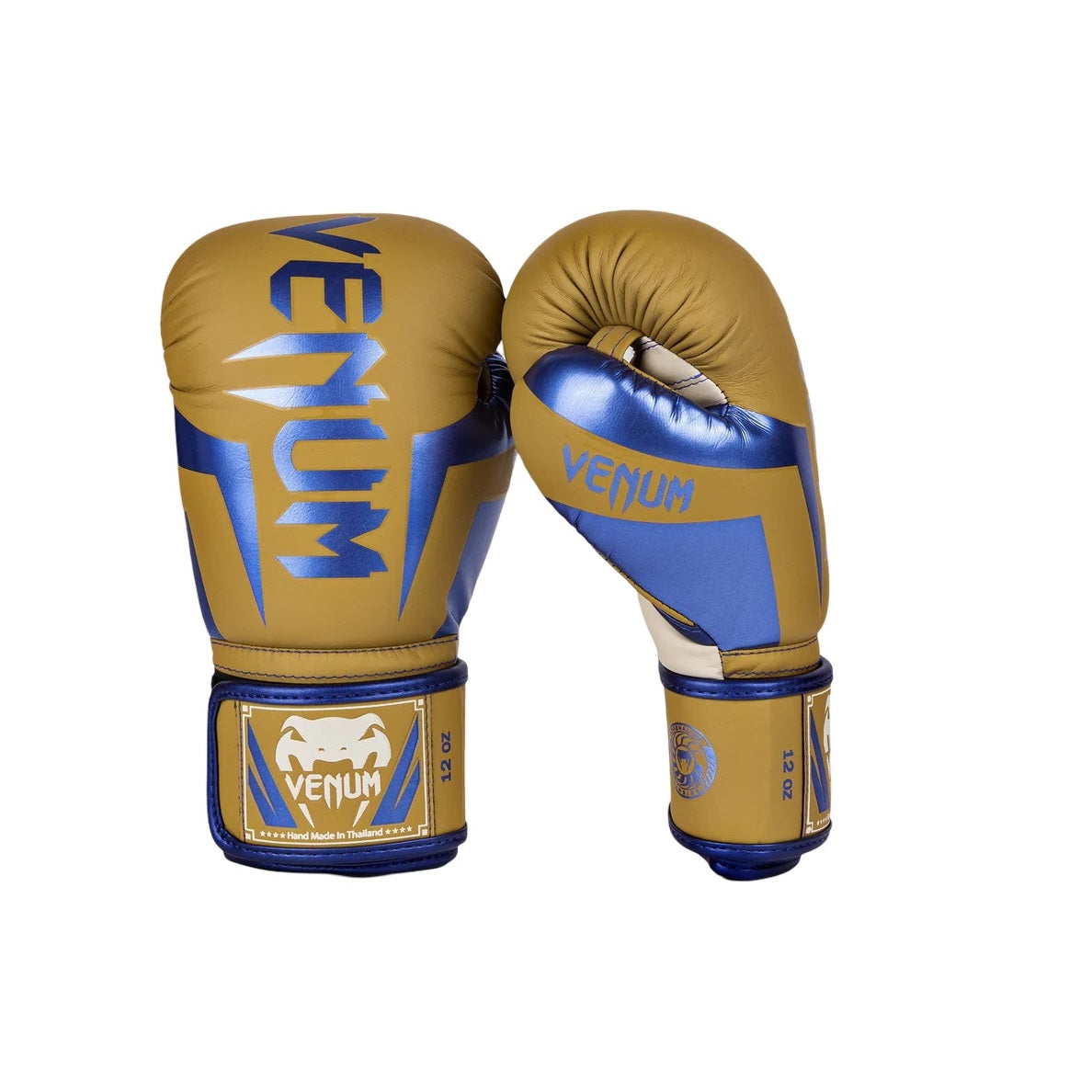 VENUM ELITE BOXING GLOVES MUSTARD CREAM BLUE FRONT SIDE