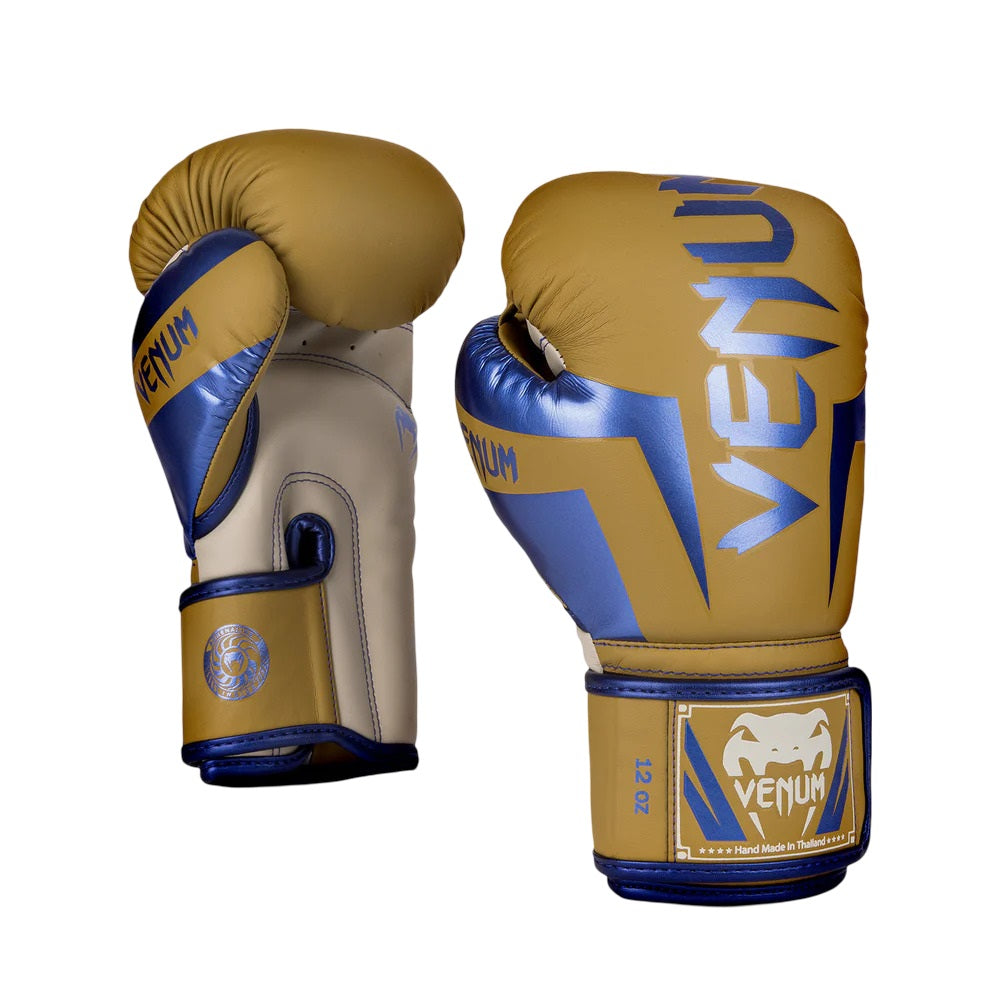 VENUM ELITE BOXING GLOVES MUSTARD CREAM BLUE BACK SIDE