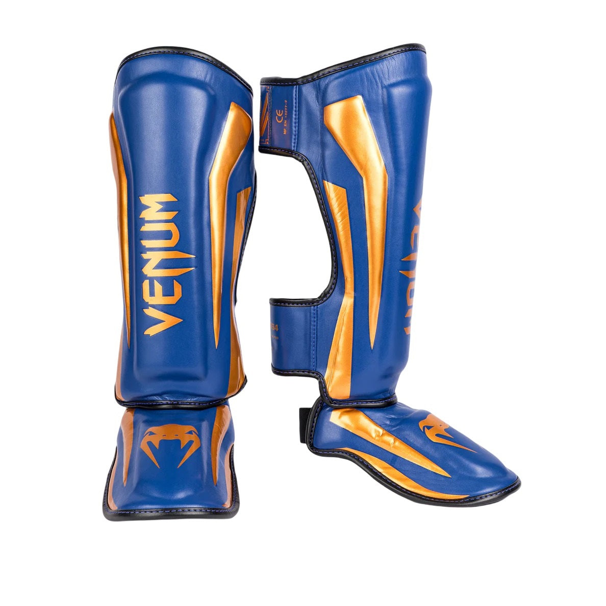VENUM ELITE STANDUP SHINGUARDS BLUE BLACK COPPER LEFT SIDE