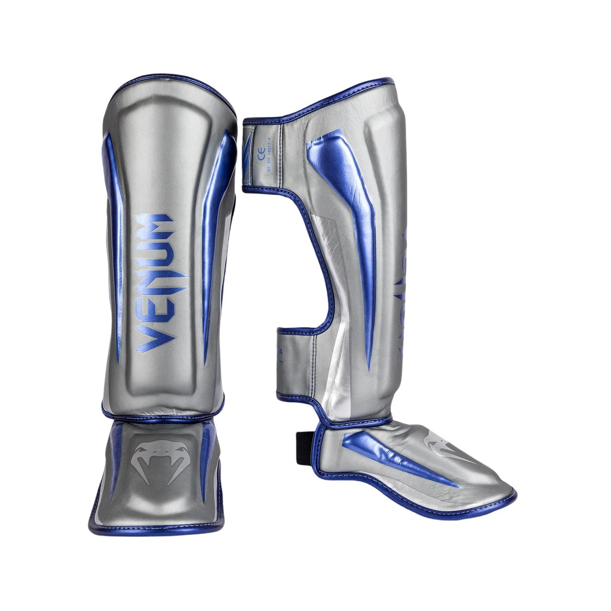 VENUM ELITE STANDUP SHINGUARDS GREY METALLIC BLUE SILVER LEFT SIDE