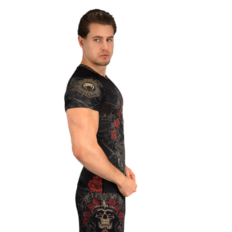 VENUM SANTA MUERTE 5.0 RASHGUARD SHORT SLEEVE DEEP BLACK GOLD RIGHT SIDE