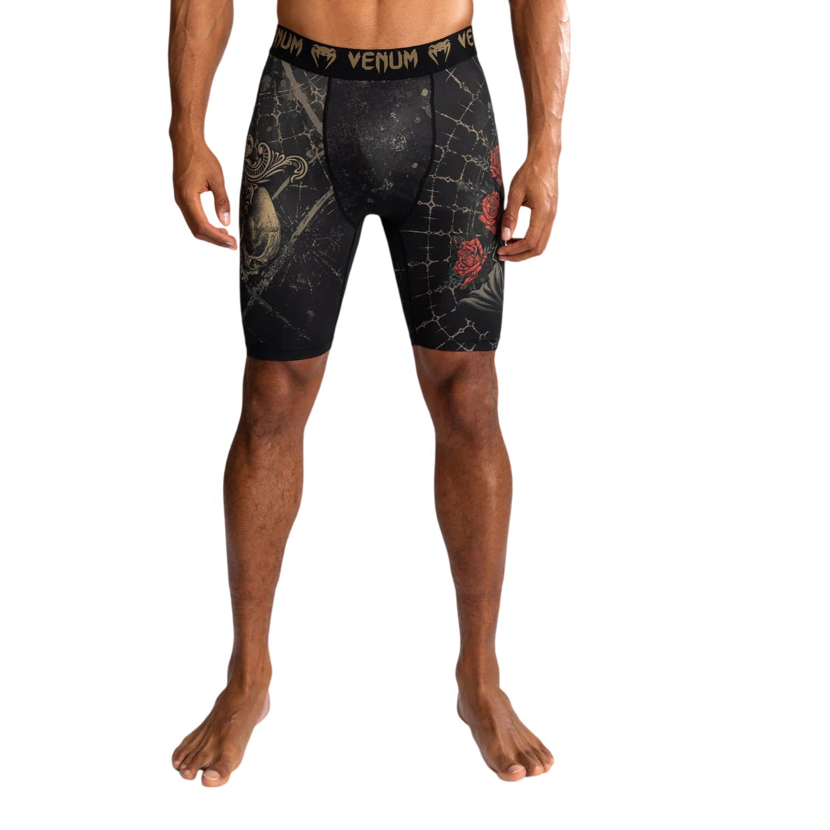 VENUM SANTA MUERTE 5.0 VALE TUDO SHORTS DEEP BLACK GOLD FRONT SIDE