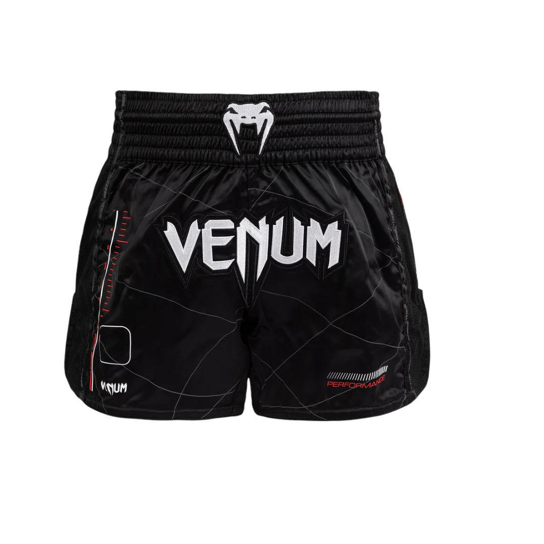 VENUM TACTICAL XT MUAY THAI SHORTS BLACK FIRE RED FRONT SIDE
