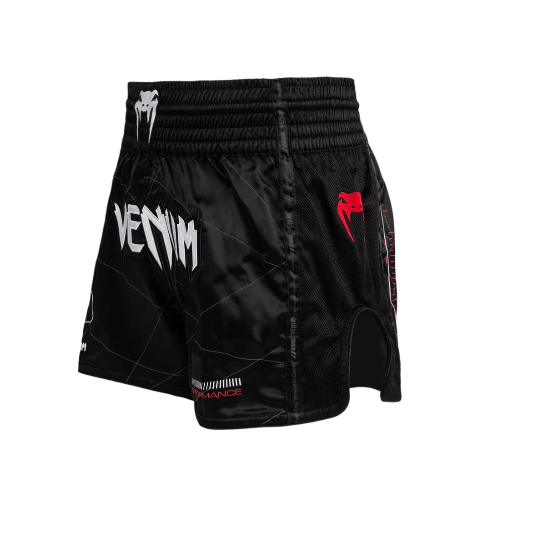VENUM TACTICAL XT MUAY THAI SHORTS BLACK FIRE RED LEFT SIDE