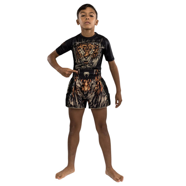 VENUM TIGER KIDS MUAY THAI SHORTS BLACK NEO ORANGE FRONT SIDE
