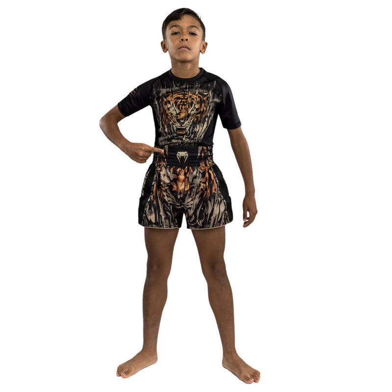 VENUM TIGER KIDS MUAY THAI SHORTS BLACK NEO ORANGE FRONT SIDE