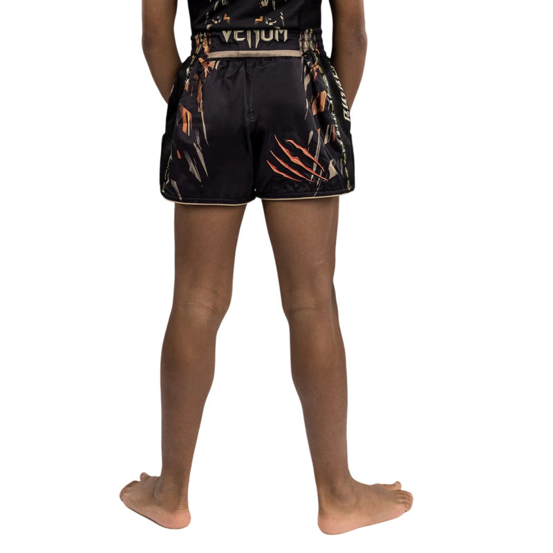 VENUM TIGER KIDS MUAY THAI SHORTS BLACK NEO ORANGE BACK SIDE