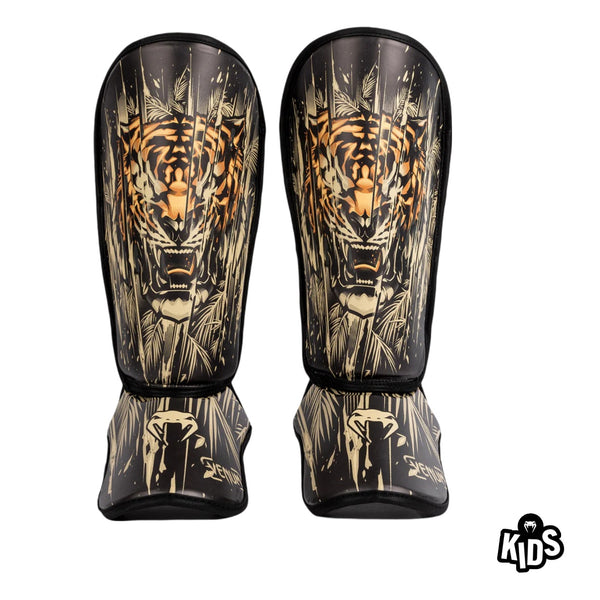 VENUM TIGER KIDS SHIN GUARDS BLACK NEO ORANGE FRONT SIDE