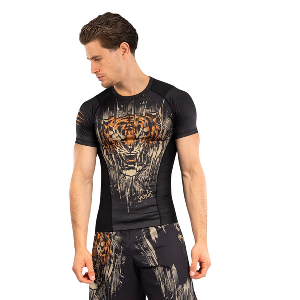 VENUM TIGER RASHGUARD SHORT SLEEVE BLACK NEO ORANGE FRONT SIDE