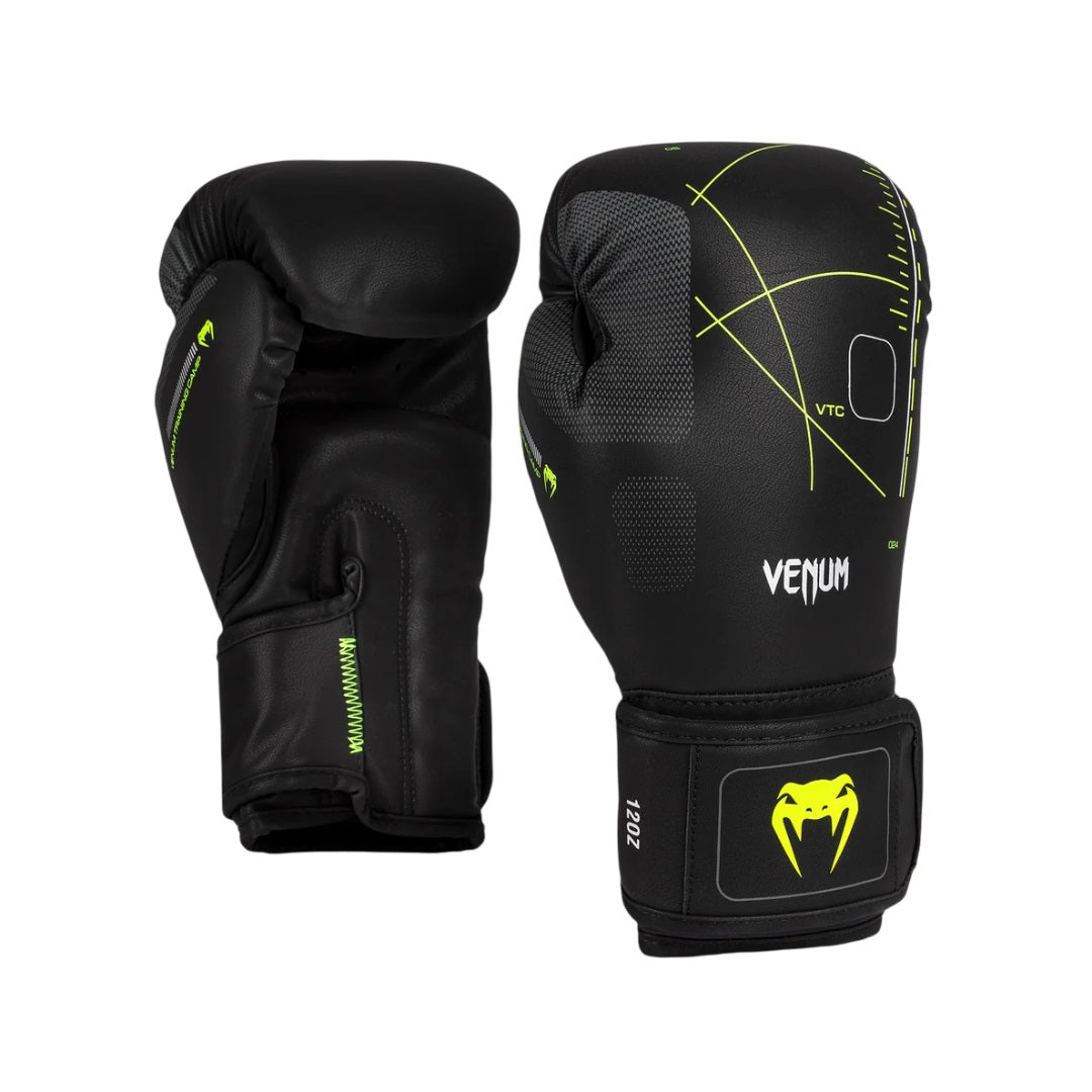 VENUM TRAINING CAMP 4.0 BOXING GLOVES BLACK NEON GREEN FRONT SIDE