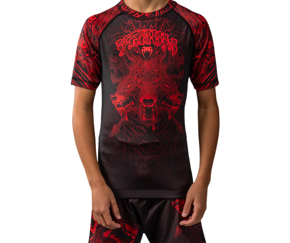 Venum Wolf Atak Short Sleeve Rashguard – Black/Red (Kids) | Compression Training Top