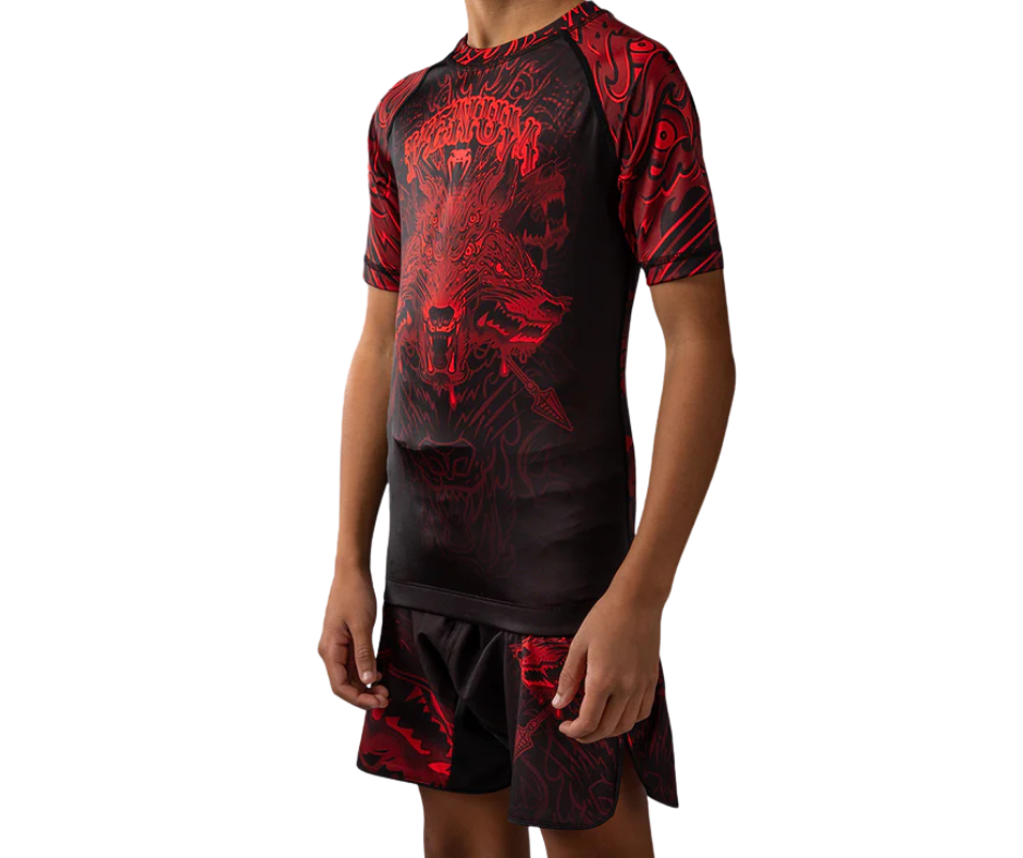 Venum Wolf Atak Short Sleeve Rashguard – Black/Red (Kids) | Compression Training Top