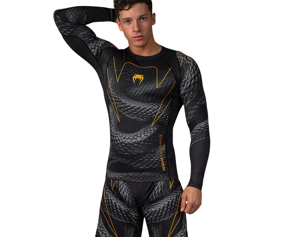 Venum Matupa Long Sleeve Rashguard – Black/Grey/Gold | Compression Training Top