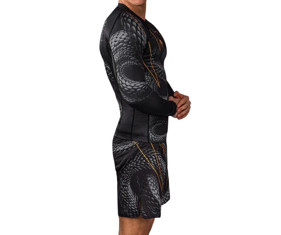 Venum Matupa Long Sleeve Rashguard – Black/Grey/Gold | Compression Training Top