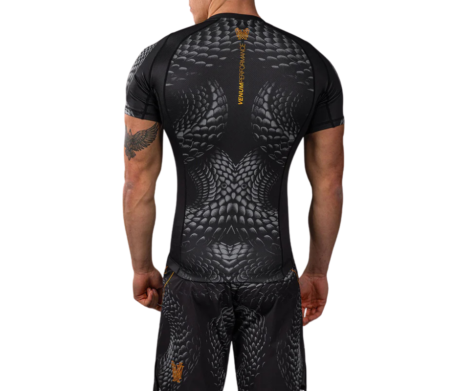 Venum Matupa Short Sleeve Rashguard – Black/Grey/Gold | Compression Training Top
