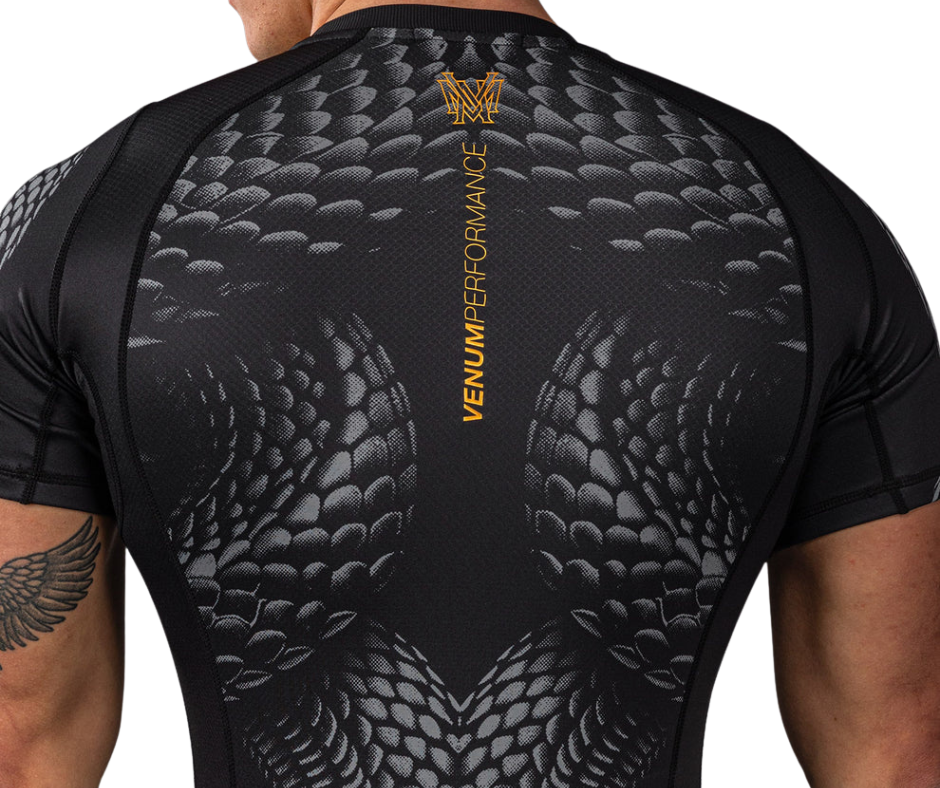 Venum Matupa Short Sleeve Rashguard – Black/Grey/Gold | Compression Training Top