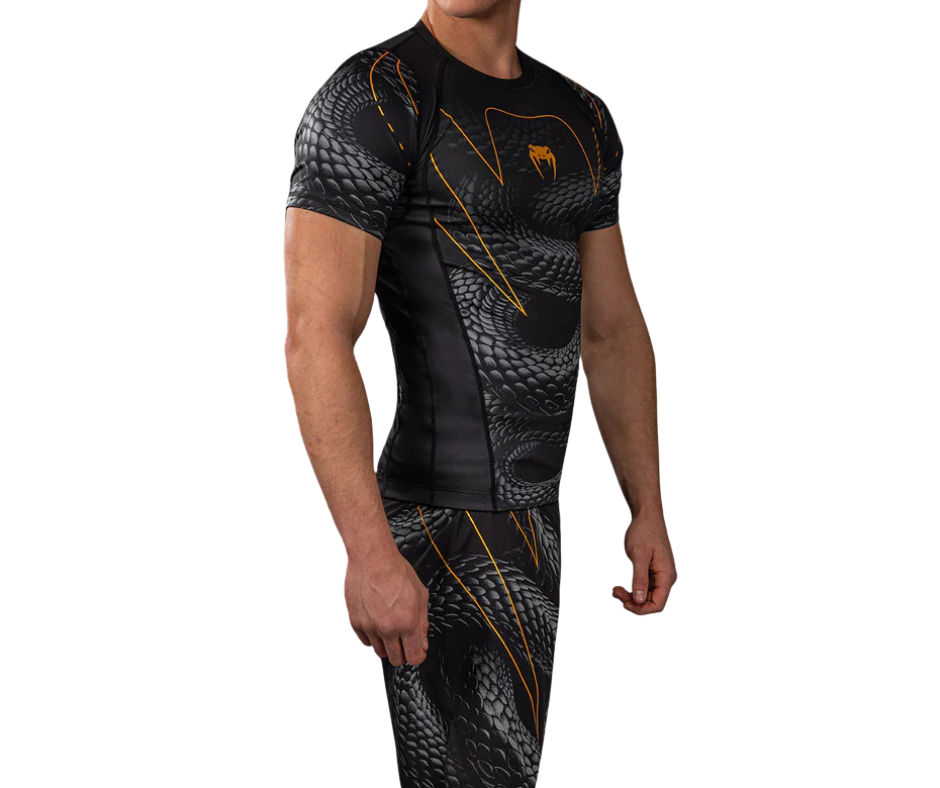 Venum Matupa Short Sleeve Rashguard – Black/Grey/Gold | Compression Training Top