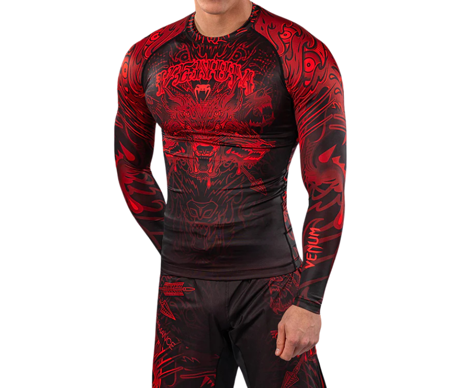 Venum Wolf Atak Long Sleeve Rashguard – Black/Red | Compression Training Top