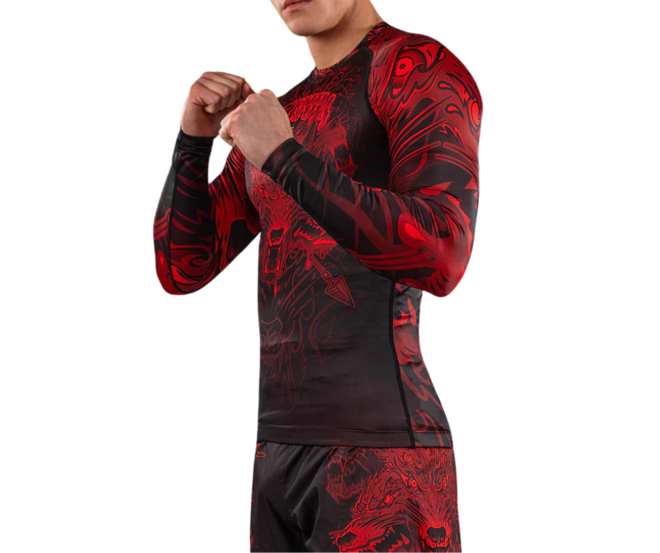 Venum Wolf Atak Long Sleeve Rashguard – Black/Red | Compression Training Top