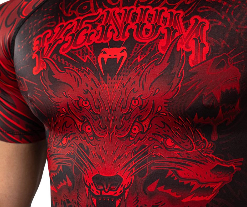 Venum Wolf Atak Short Sleeve Rashguard – Black/Red | Compression Training Top