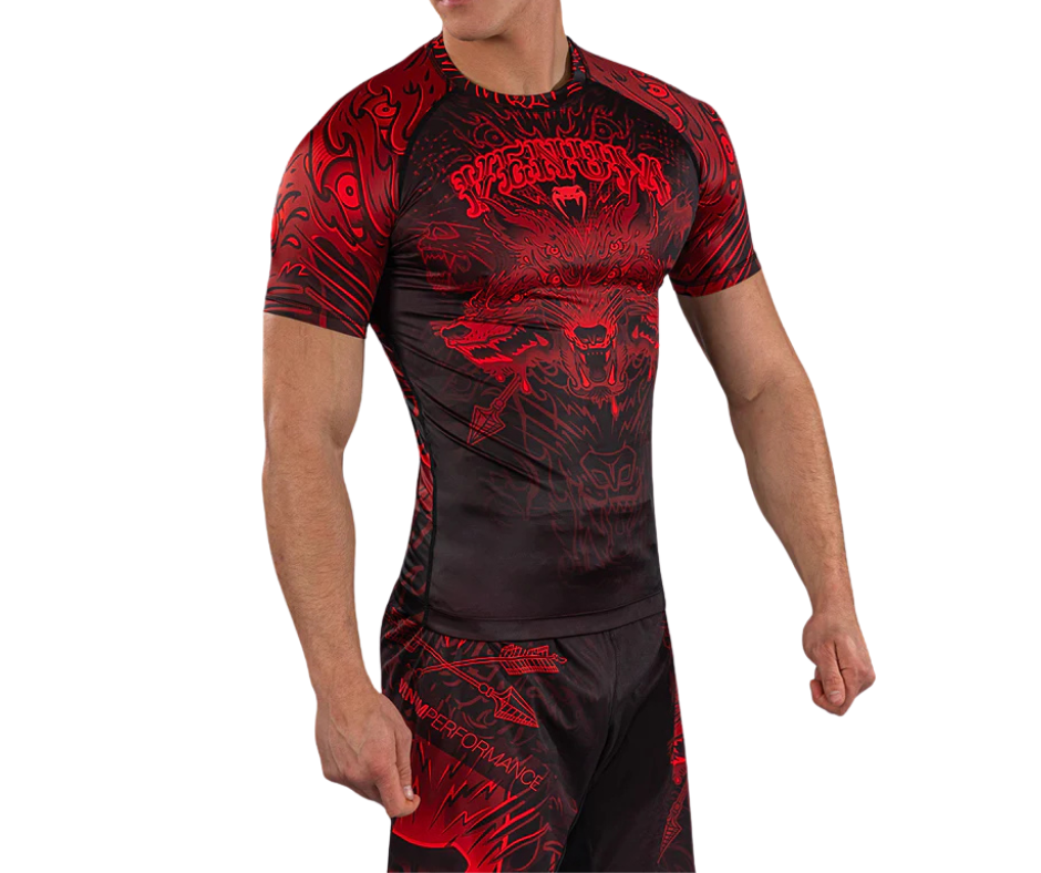 Venum Wolf Atak Short Sleeve Rashguard – Black/Red | Compression Training Top