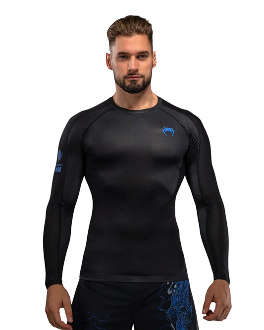 Venum Thunder Dragon Longsleeve Rashguard – Black/Royal Blue | Compression Fit – MMA & BJJ Performance Wear
