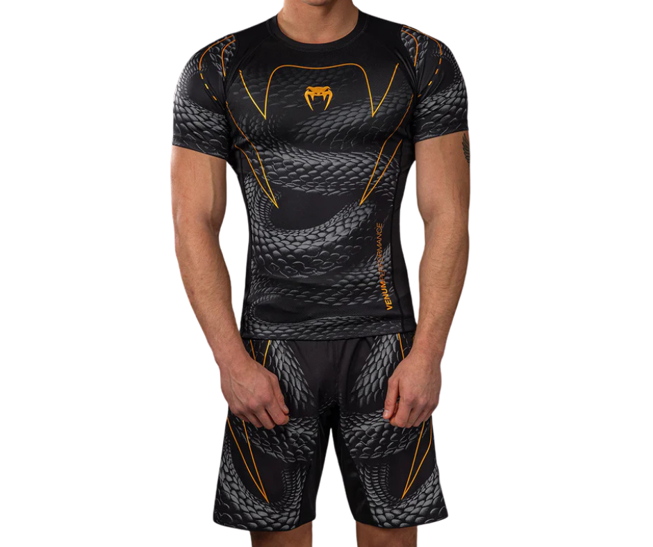 Venum Matupa Short Sleeve Rashguard – Black/Grey/Gold | Compression Training Top