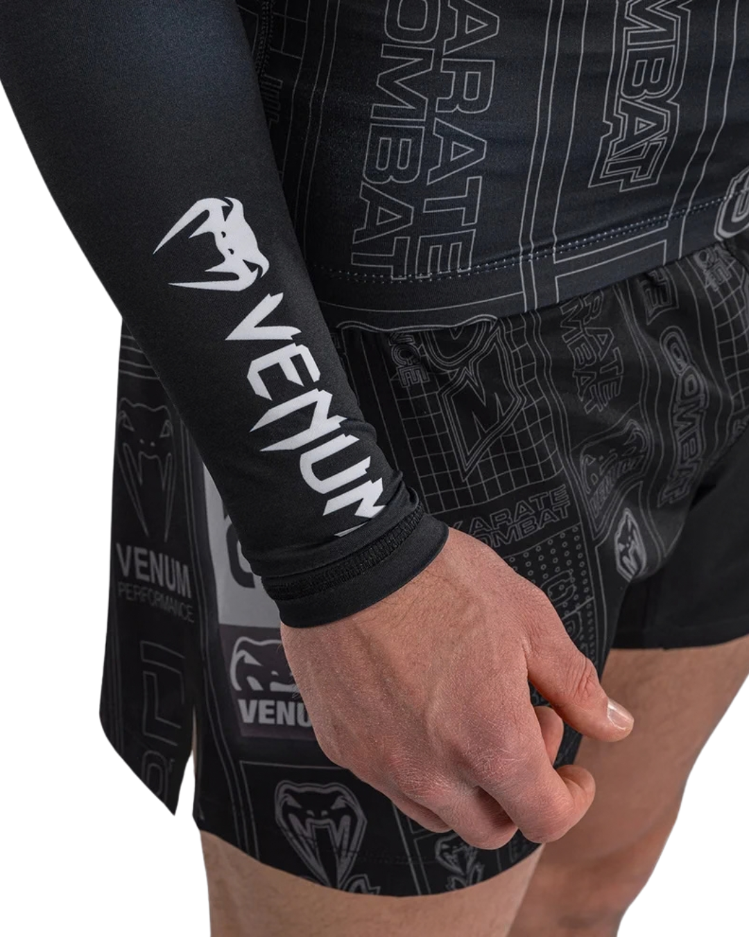 Venum Karate Combat Longsleeve Rashguard – Black/Grey | Compression Fit – Grappling & MMA Performance Wear