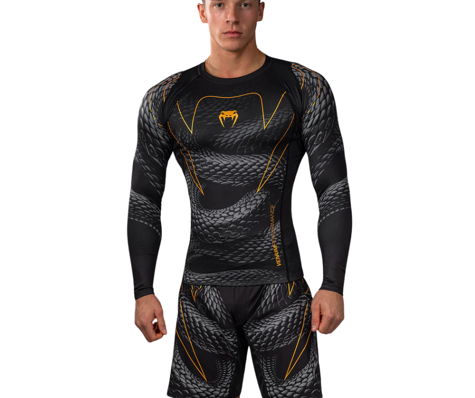 Venum Matupa Long Sleeve Rashguard – Black/Grey/Gold | Compression Training Top