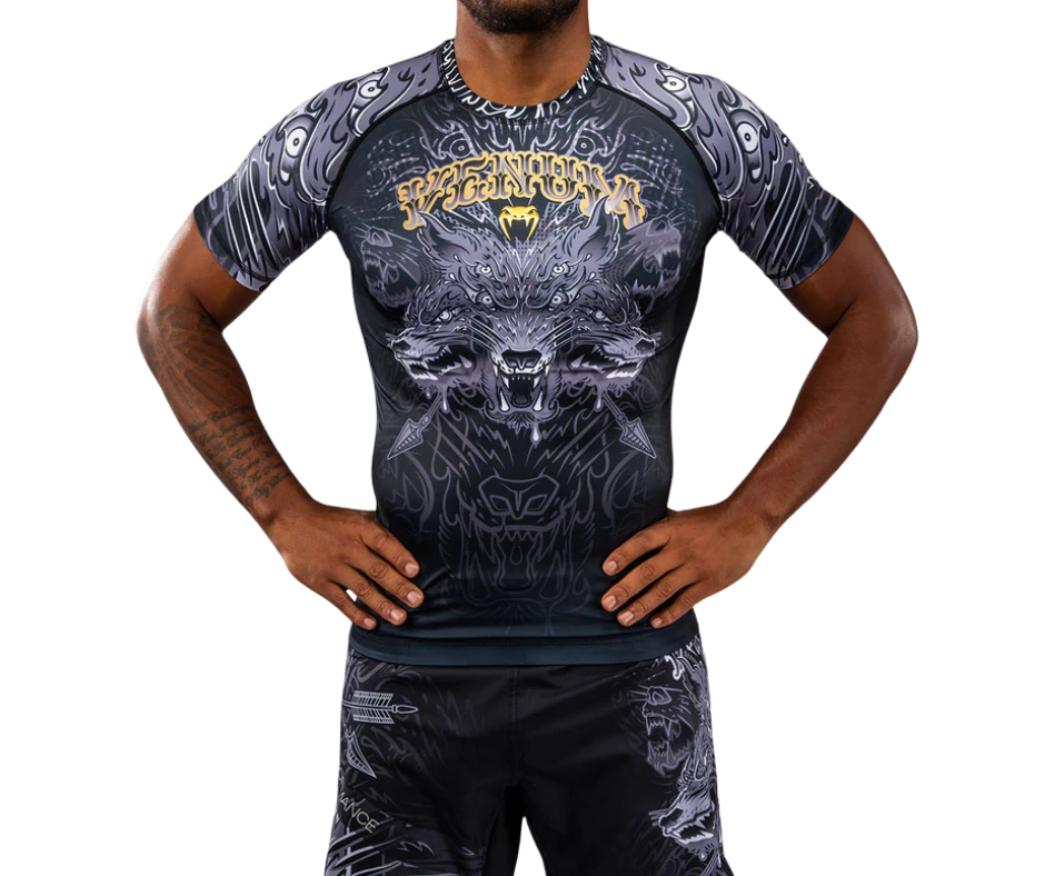 Venum Wolf Atak Short Sleeve Rashguard – Black/Grey | Compression Training Top