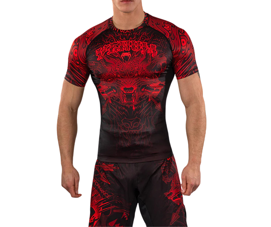 Venum Wolf Atak Short Sleeve Rashguard – Black/Red | Compression Training Top