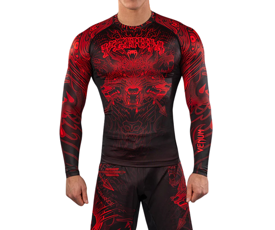 Venum Wolf Atak Long Sleeve Rashguard – Black/Red | Compression Training Top