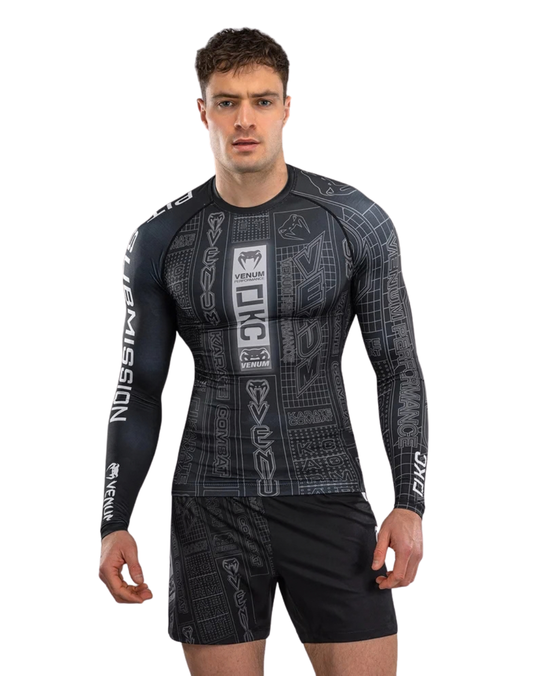 Venum Karate Combat Longsleeve Rashguard – Black/Grey | Compression Fit – Grappling & MMA Performance Wear