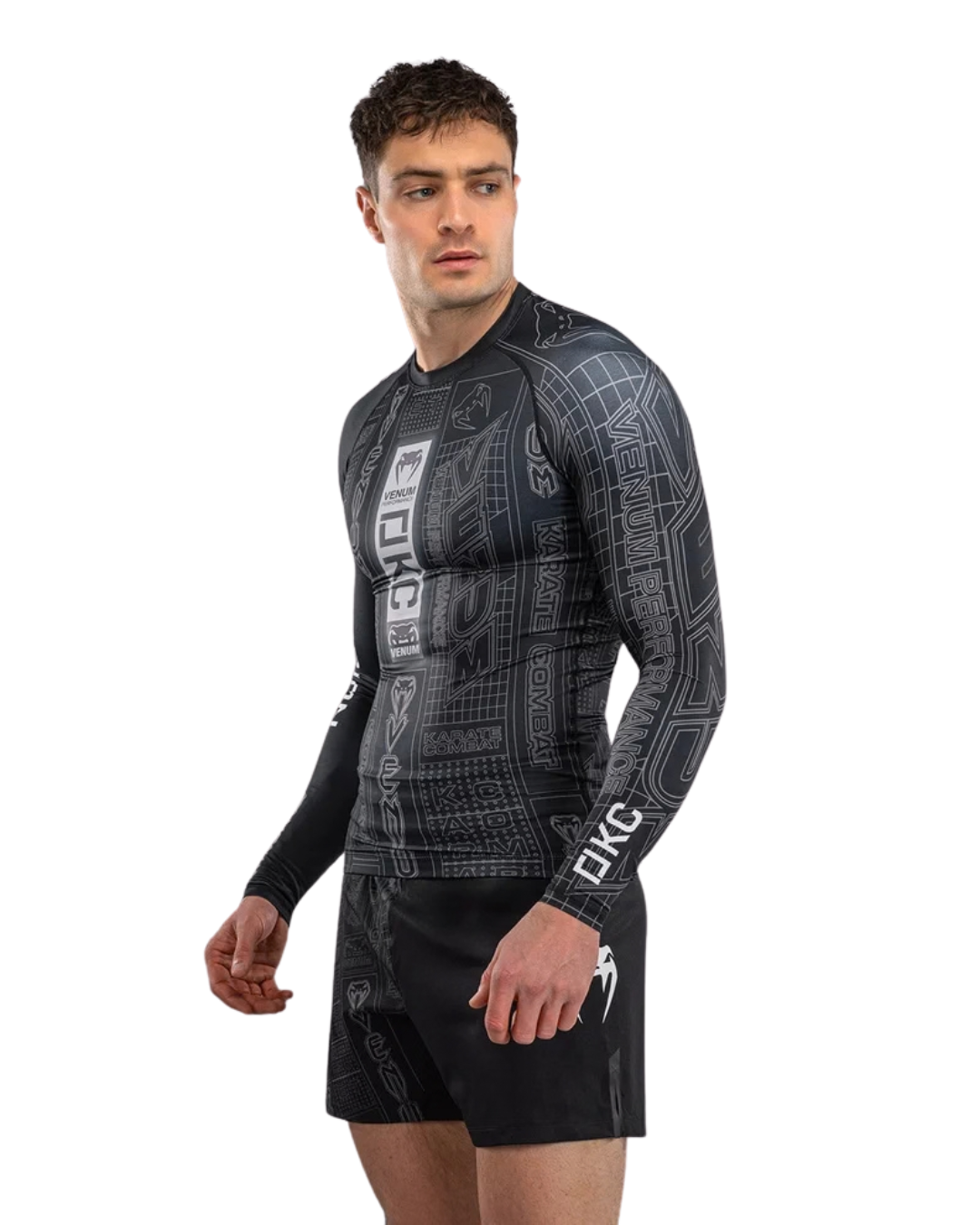 Venum Karate Combat Longsleeve Rashguard – Black/Grey | Compression Fit – Grappling & MMA Performance Wear