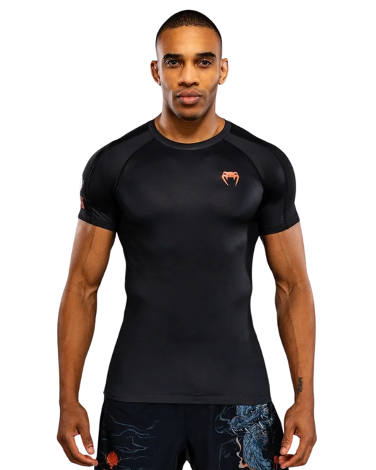 Venum Thunder Dragon Shortsleeve Rashguard – Black/Grey/Copper | Compression Fit – MMA & BJJ Performance Wear