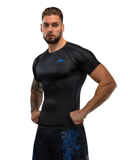 Venum Thunder Dragon Shortsleeve Rashguard – Black/Royal Blue | Compression Fit – MMA & BJJ Performance Wear
