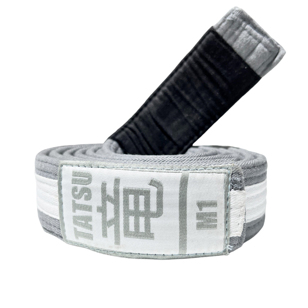 TATSU BJJ BELT KIDS ACADEMY GREY WHITE FRONT SIDE