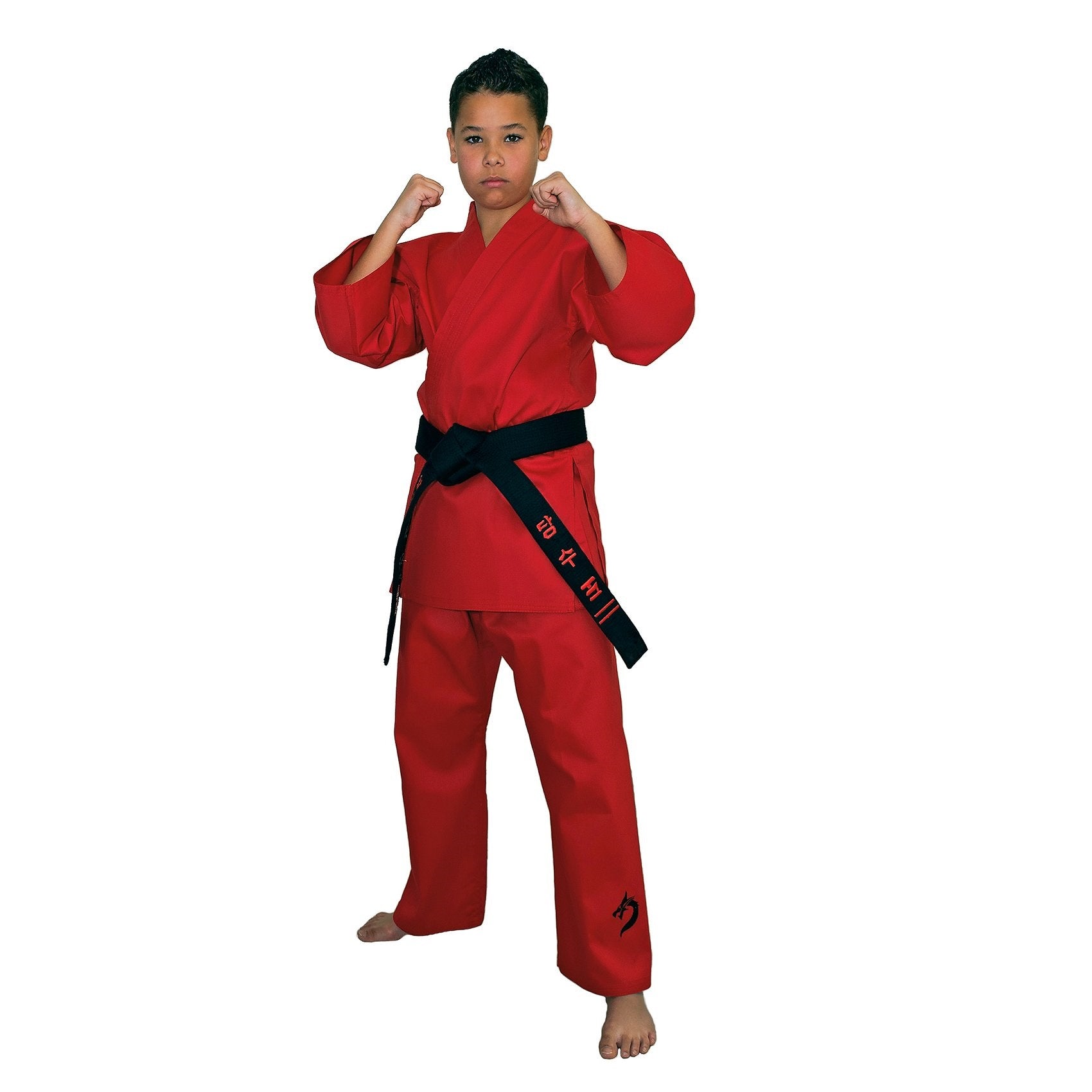 TATSU KARATE UNIFORM RED BLACK DRAGON FRONT SIDE