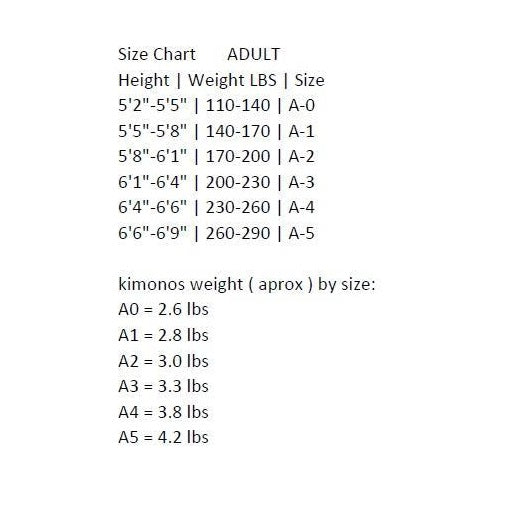 TATSU ULTIMATE LIGHT ADULT GI WHITE SIZE CHART