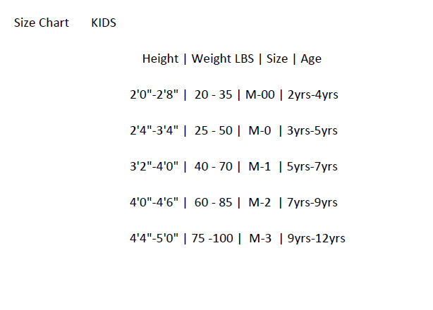TATSU ULTIMATE LIGHT BJJ GI KID WHITE SIZE CHART