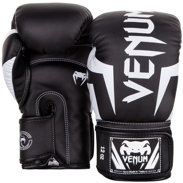 VENUM ELITE BOXING GLOVES BLACK WHITE FRONT SIDE