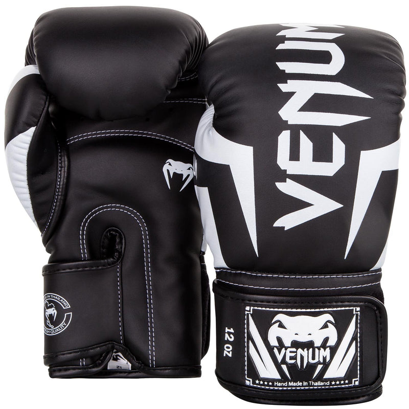 VENUM ELITE BOXING GLOVES BLACK WHITE FRONT SIDE